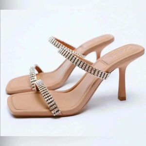 NWT Zara Rhinestone Strap Heeled Leather Sandals size 37 6.5 US